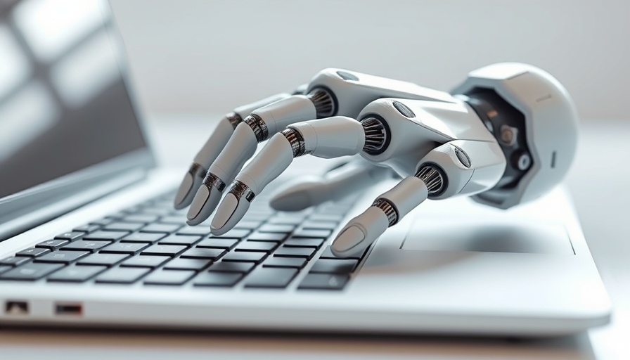 Robotic hand typing on keyboard, representing KI-generierte Artikel.