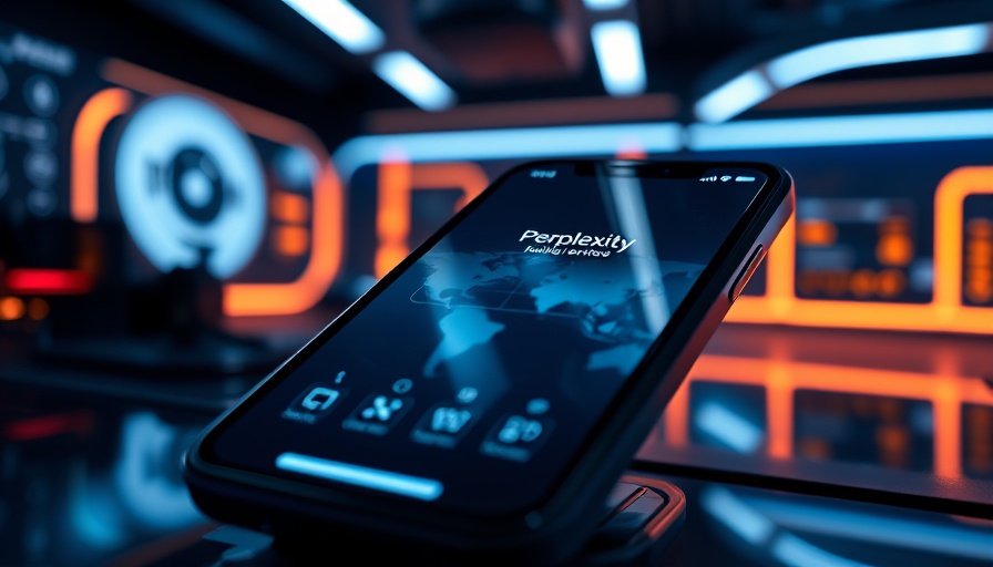 Smartphone showing Perplexity app homepage, tech-focused.