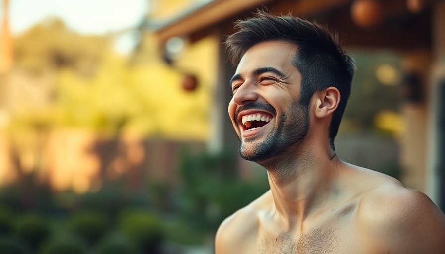 Cheerful man in a garden setting, engaged in laughter.