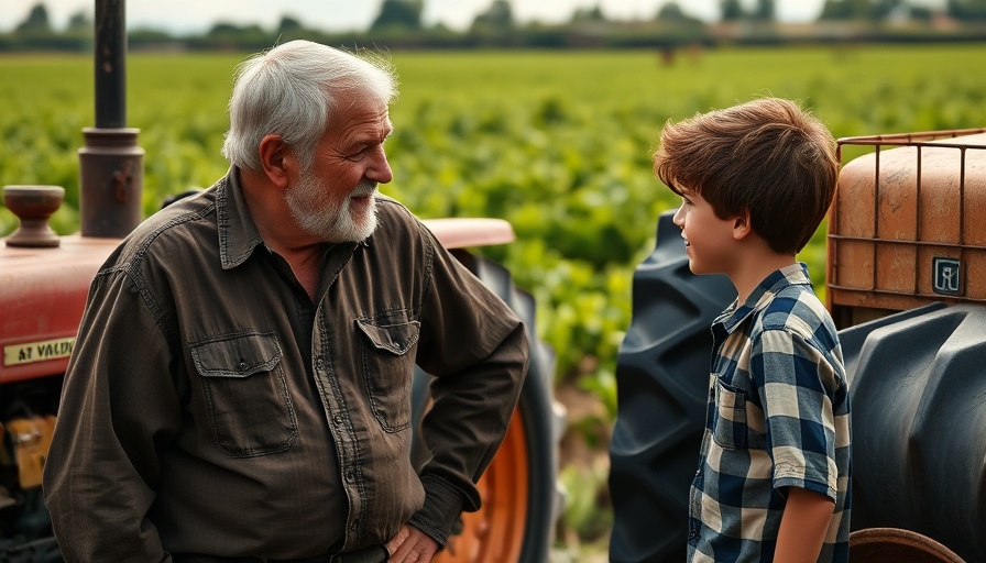 Rural life scene with man, boy, and tractor, Aufwachsen auf dem Land.
