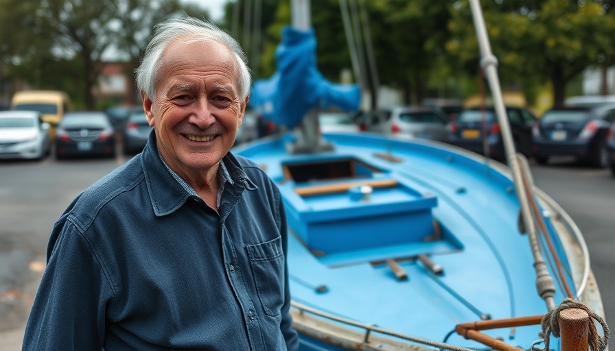 Man smiling beside blue sailboat Föhr Segelboot verschenken outdoors