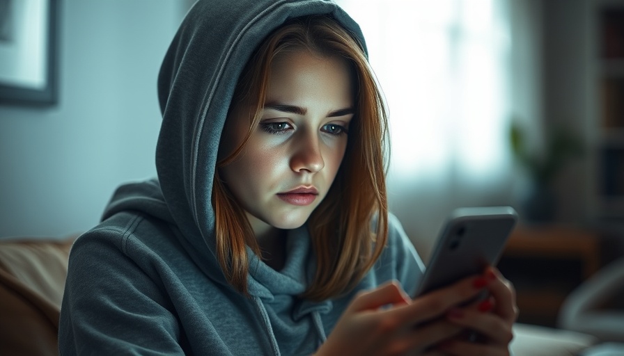 Junge Frau unglücklich, grauer Hoodie, Telefon betrachtend