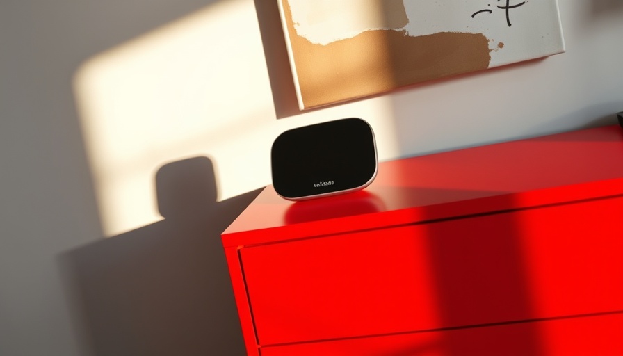 Vodafone Ultra Hub 7 displayed on a red dresser in a modern room.