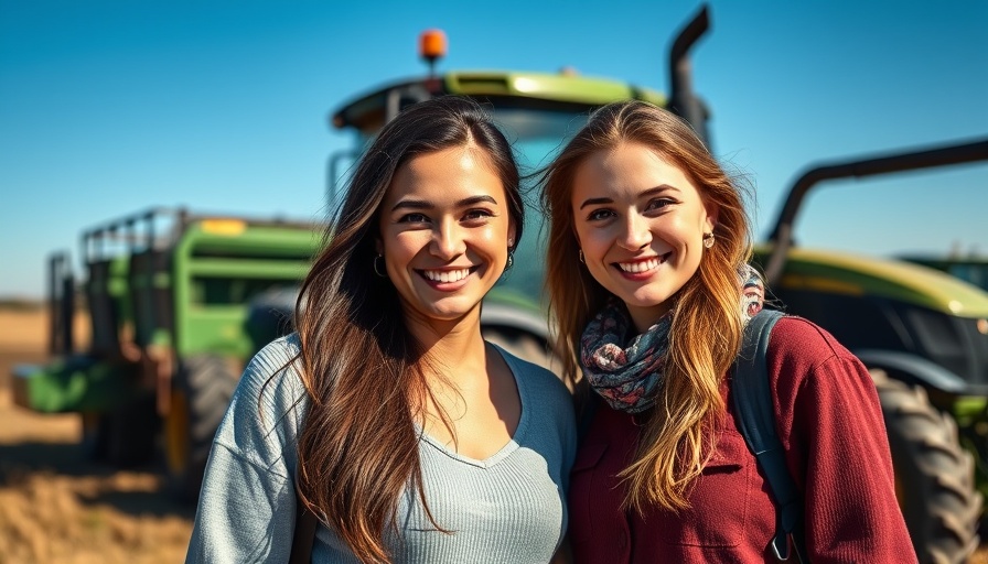 Zwei junge Frauen lächeln vor landwirtschaftlichen Maschinen, Herausforderungen in der Landwirtschaft