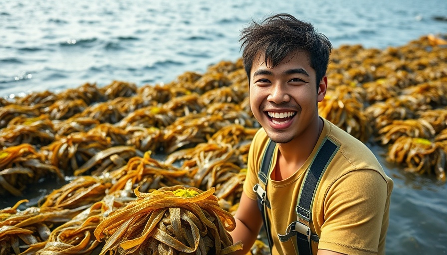 Hoffnung für die Meere: Young man harvesting seaweed in marine farm.