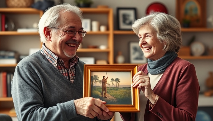 Smiling elderly man and woman holding framed picture in office, Haushaltssperre Norderstedt.