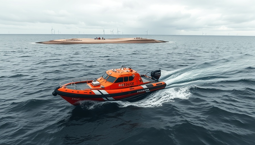 Wattwanderer in Gefahr: Rescue boat approaching sandbank in gray sea.