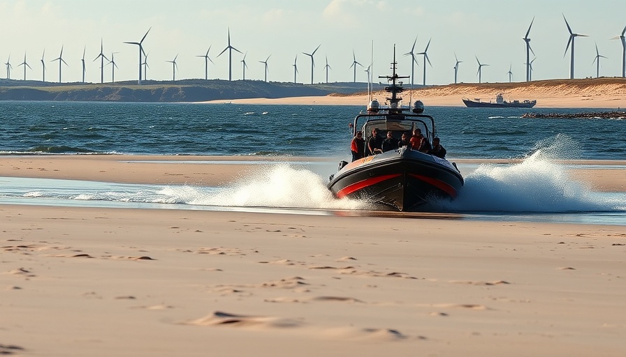 Rescue boat navigates towards group on sandbank, Wattwanderung Flut scene.