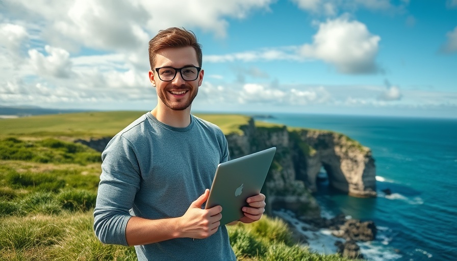 Young man holding laptop on Helgoland cliff, promoting language preservation.