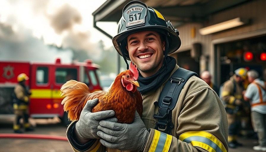 Firefighter holds hen during rescue at Feuerwehr Großhansdorf.