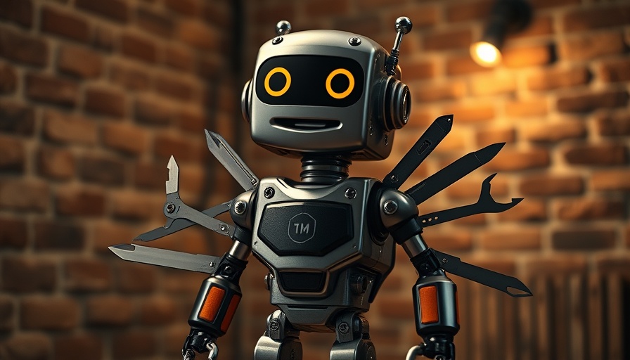 Macht über KI depicted by a robot with Swiss Army knife tools
