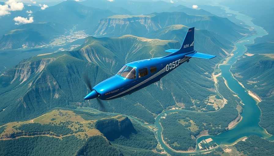 Blue airplane flying over scenic landscape, lush mountains below.