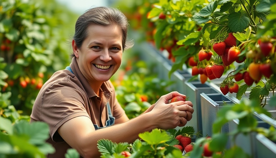 Person harvesting strawberries, Erdbeerernte mit modernen Hochbeeten, smiling amid lush greenery.
