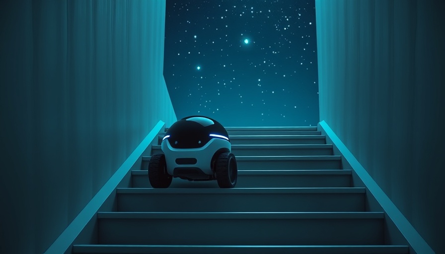 Treppensteigende Saugroboter on futuristic stairs under starry sky.