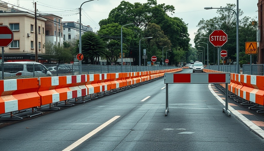 Stopp der Kita Auswirkungen auf den Supermarkt: Closed road with barriers under cloudy sky.