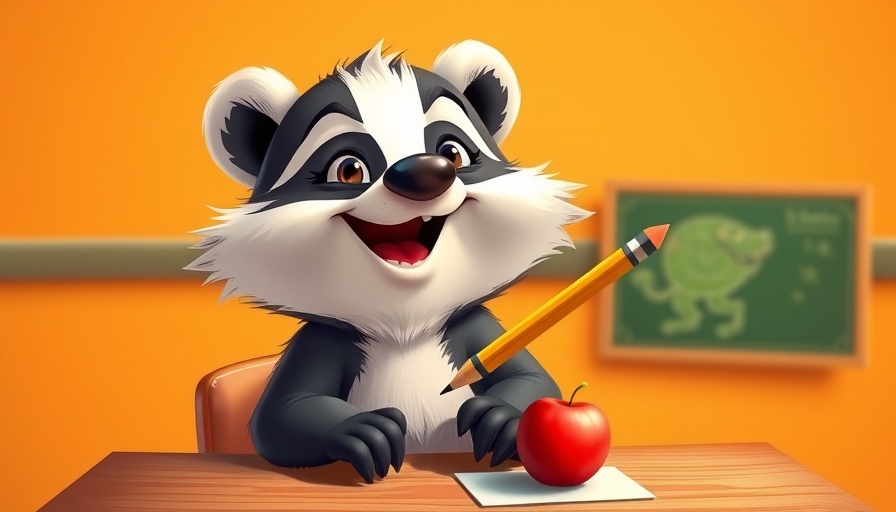 Cartoon badger character at desk with Privacy Badger for organizations theme.