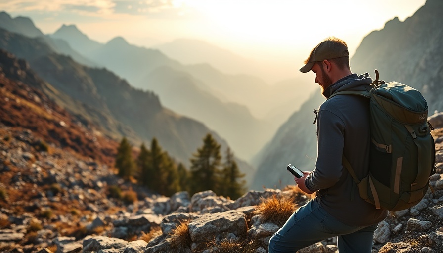 Hiker using Garmin GPSMAP H1i Plus in mountain landscape.