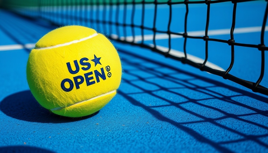 Tennis ball with US Open logo near net on blue court, US Open 2025 Live Stream