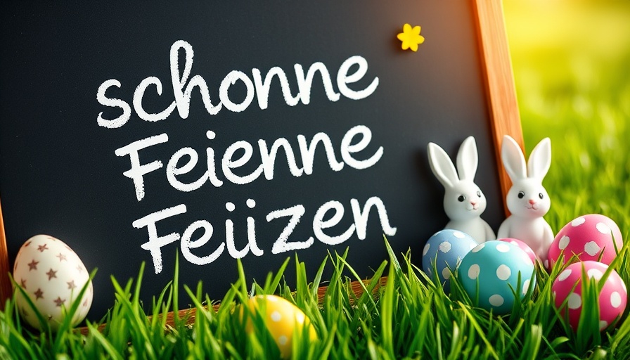 Cheerful Easter scene with holiday sign and decorations.