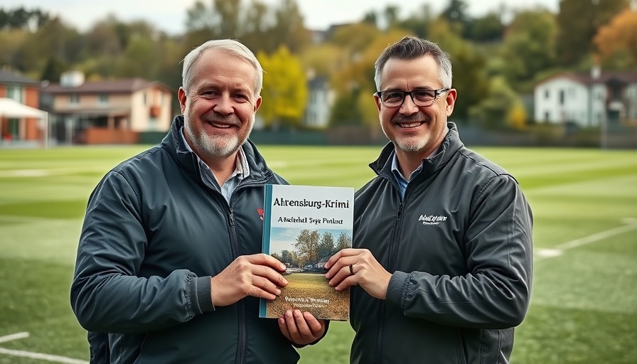 Men with Ahrensburg-Krimi book at sports field, natural setting.