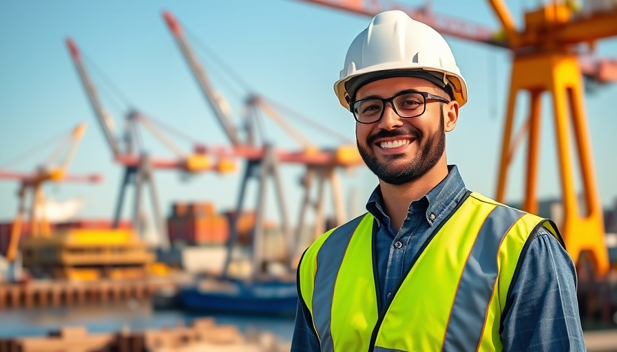 Smiling worker at Stormarn harbor in a high-visibility vest, daytime.