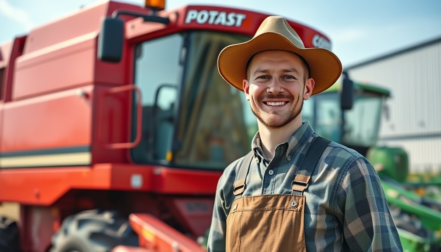 Farmer near hydraulikmotor bei der kartoffelernte, smiling.
