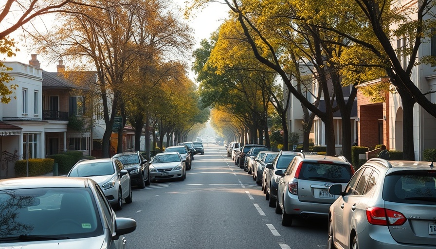 Suburban street in Glinde with cars and pedestrians in the morning.