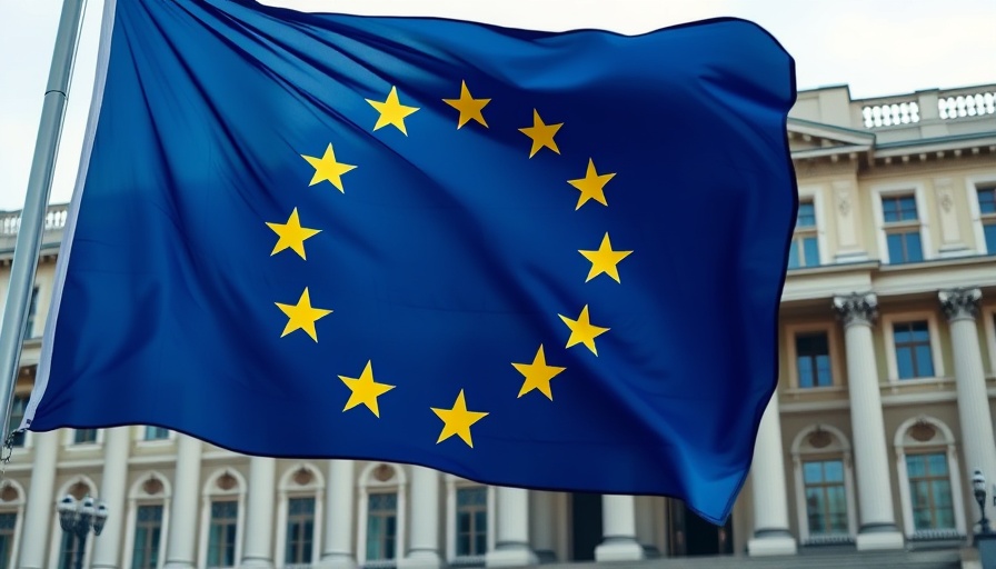 European Union flag with digital trails, governmental building backdrop.