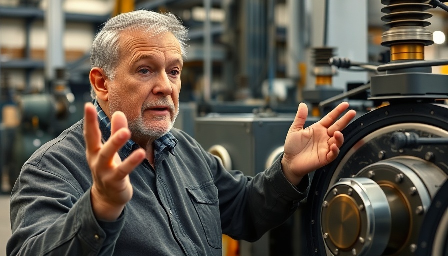 Middle-aged man gesturing near machinery at Brand im Sophienhof.