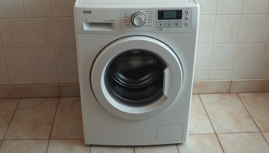 Ordinary washing machine on a tiled floor in natural lighting.