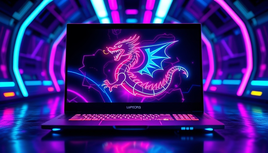 Colorful gaming laptop with neon dragon in futuristic scene during Notebooksbilliger Black-Weeks-Angebote.