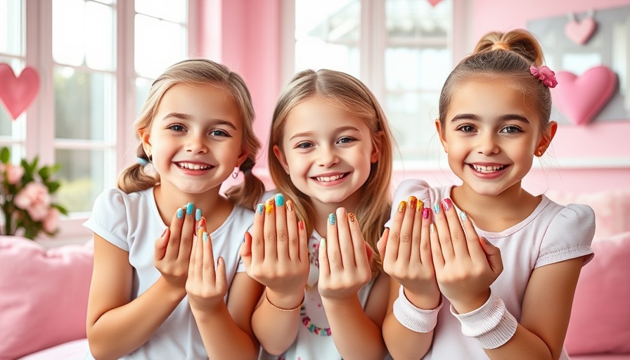 Two smiling girls displaying Aquabeads Barbie Nagelstudio nails in a pink room.
