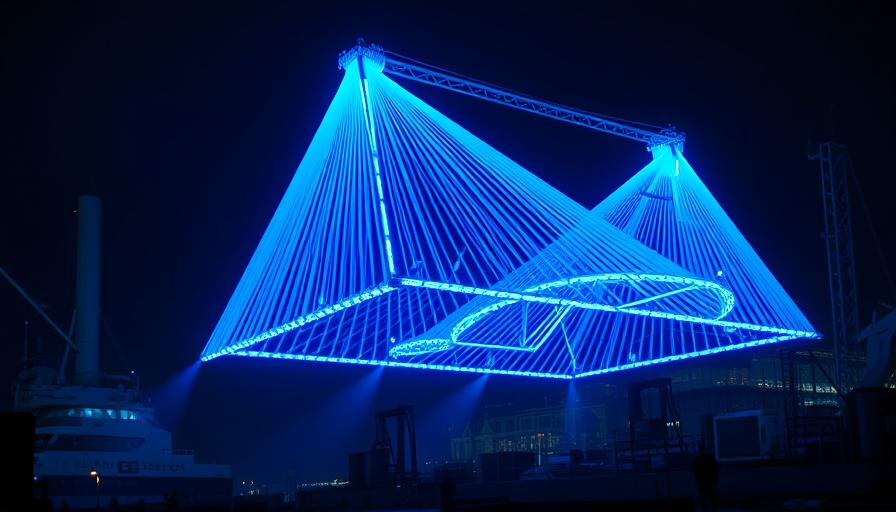 Blue illuminated structure at Blueport Hamburg light spectacle.