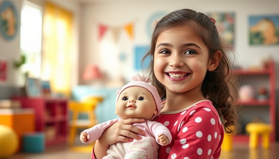 Joyful girl with a doll in a colorful room for 'Laufen lernen mit Emily von BABY born'.