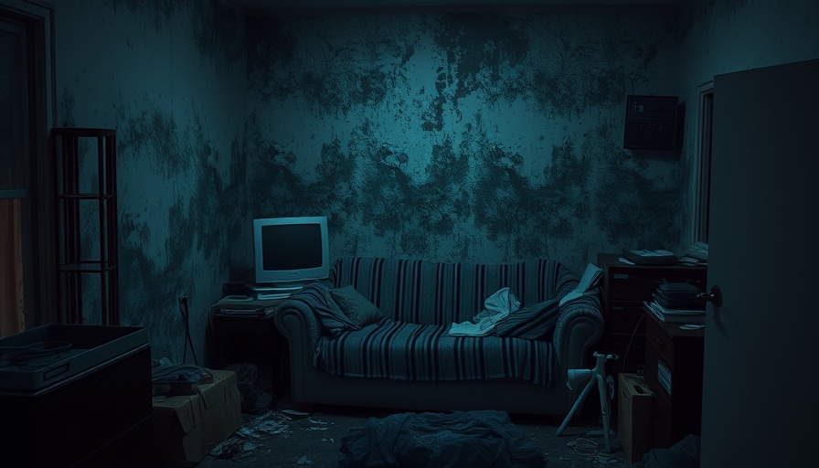 Cluttered room in Neumünster with moldy walls and scattered items.