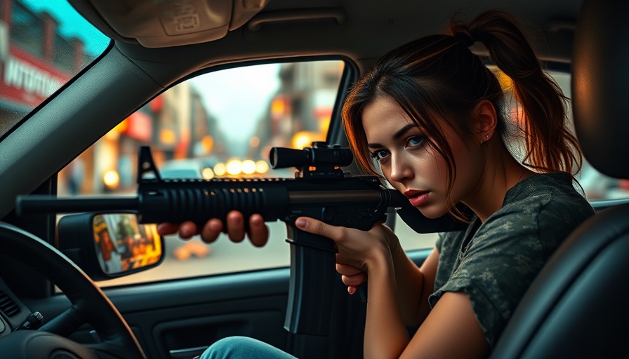 Young woman aiming rifle from vehicle in urban scene. Ice Road: Vengeance.