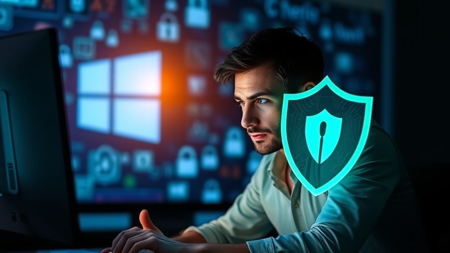 Concerned person at computer with digital security icons, highlighting Cyber-Sicherheit and Schutzmaßnahmen.