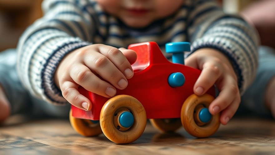 Small hands exploring a bright red wooden toy car, fostering motorische Entwicklung.