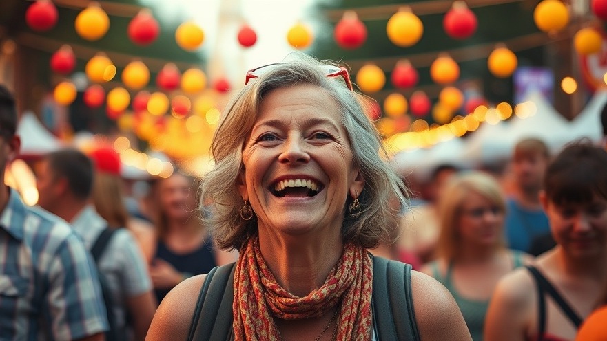 Marianne lächelt auf dem Metal-Festival, umgeben von bunten Lichtern und Lebensfreude im Alter.