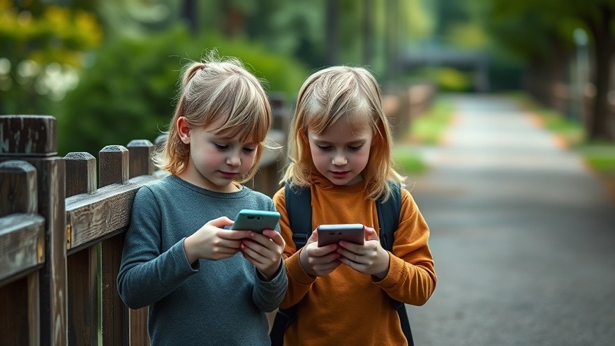 Young blond children using smartphones outdoors, highlighting the Schutz der Kinder in sozialen Medien.