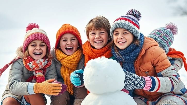 Kids enjoying indoor winter activities while building a snowman in the snow.