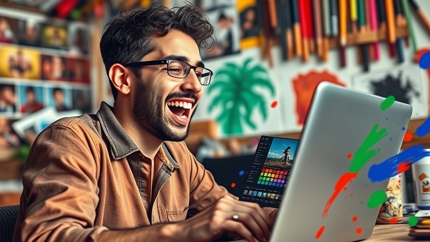 A person joyfully editing photos on a laptop with vibrant colors, showcasing digitale Fotografie.