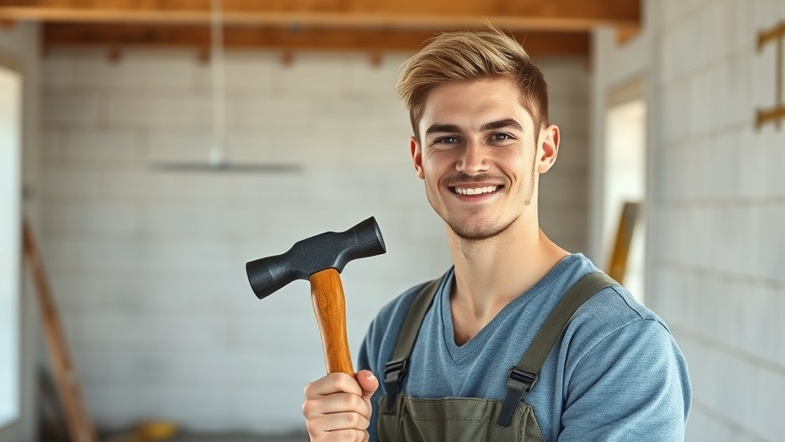 Confident young mason with hammer in an unfinished building, symbolizing career im Bauwesen.