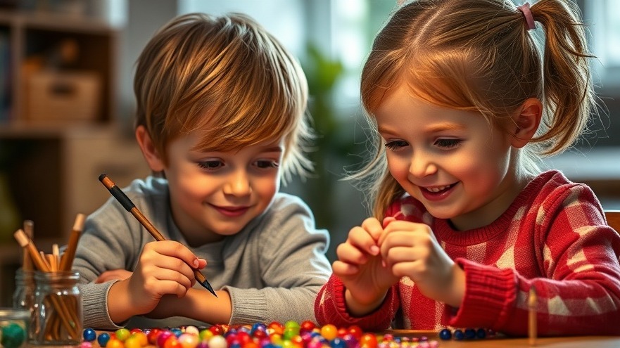 Zwei Kinder genießen kreative Aktivitäten mit Holzspielzeug, fördernd für frühkindliche Entwicklung.