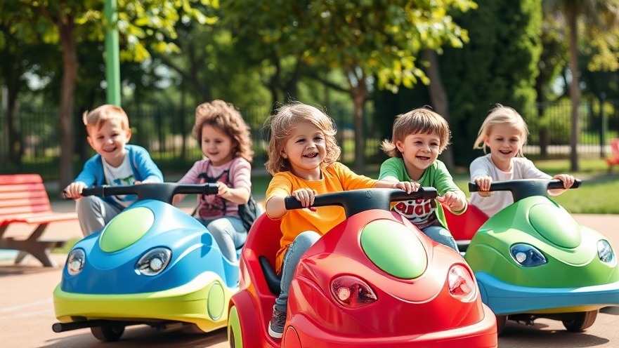 Glückliche Kinder spielen auf bunten Kinderfahrzeugen im sonnigen Park für sicheres Spielen.