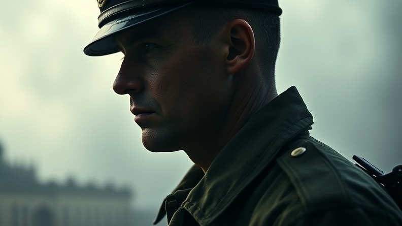 Contemplative soldier representing Datenschutz and Cyber Sicherheit in a military setting.
