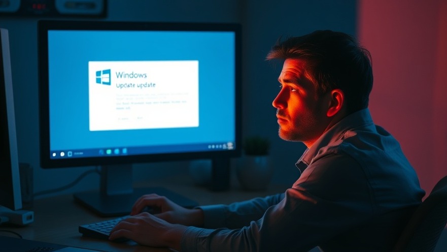 Concerned person at desk with Windows update notification, highlighting Datensicherheit risks.
