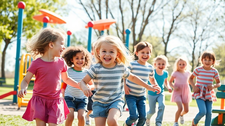 Aktivitäten für Kinder: Über spielende Kinder in einem bunten Spielplatz im Park.