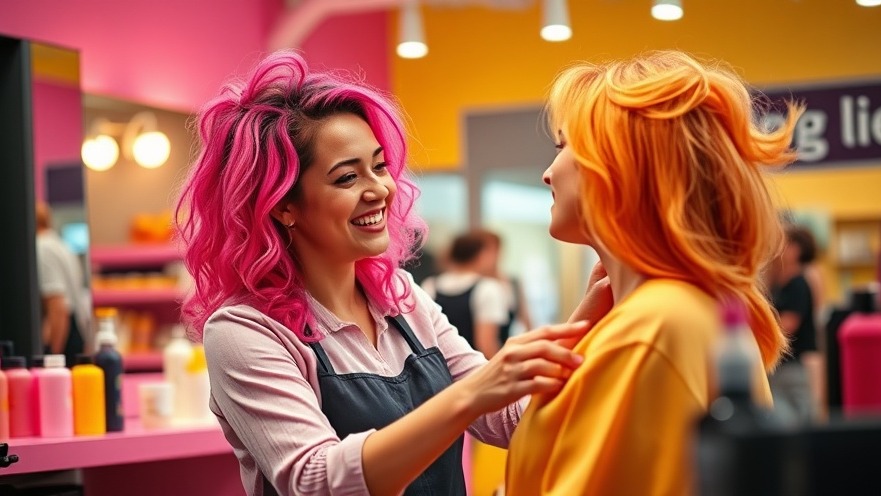Joyful hairstylist and client in a vibrant salon, symbolizing love and hope.
