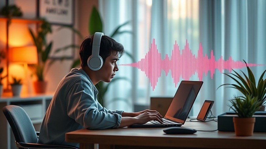 Person converting audio formats at a desk, surrounded by vibrant soundwaves.